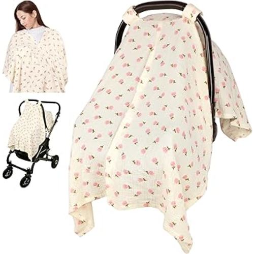 Car Seat Cover Baby Girls Boys, Summer Cotton Baby Car Seat Cover for Carseat, Comfortable Muslin Nursing Cover, Soft Baby Blanket, Breathable Lightweight Infant Stroller Canopy, Pink Flower