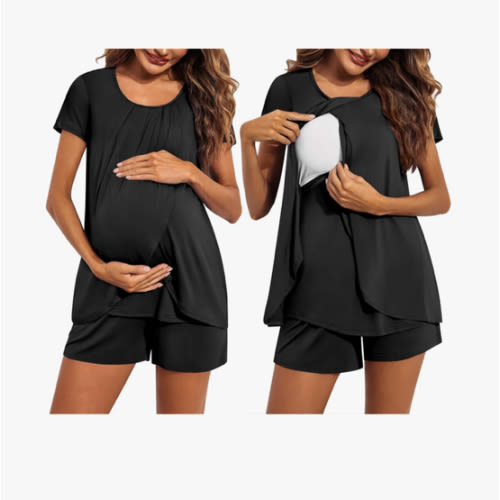 Ekouaer Women's Maternity Nursing Pajamas Set Breastfeeding Sleepwear Double Layer Short Sleeve Top & Shorts Nursing Pjs
