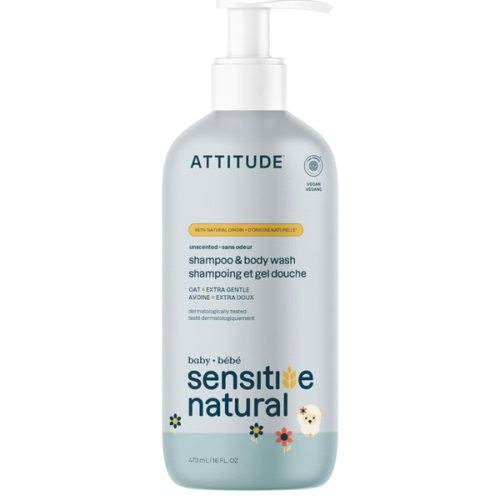 ATTITUDE 2-in-1 Shampoo and Body Wash for Baby, Made in Canada, EWG Verified, Plant- and Mineral-Based Ingredients, Vegan Products for Sensitive Skin, Unscented, 473 mL