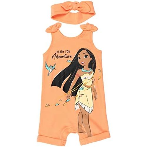 Disney Princess Rapunzel Ariel Belle Jasmine Aurora Baby Girls Snap Romper and Headband Newborn to Toddler