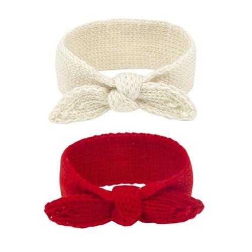 Fmeida Baby Girl Christmas Valentine Headband Warm Rabbit Knot Headband Bows for Baby Girls Knit Hair Band Head Wrap for Toddler and Children New Year Gifts 2PCS&White Red