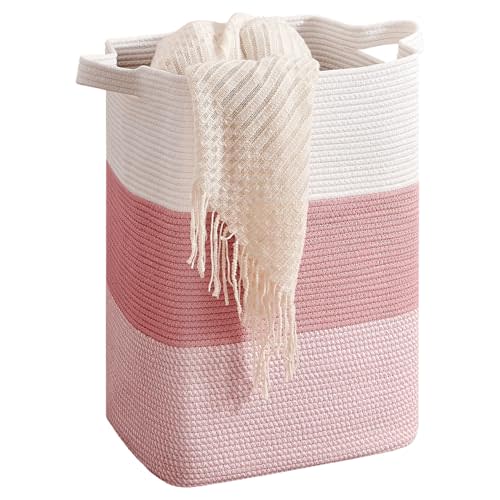 CLHMILY&Z 75L Laundry Hamper Rectangular Pink Rope Basket - 16x13x22 Inches - Dirty Clothes Storage Soft Organizer Bin for Blankets, Toys, and Nursery Essentials