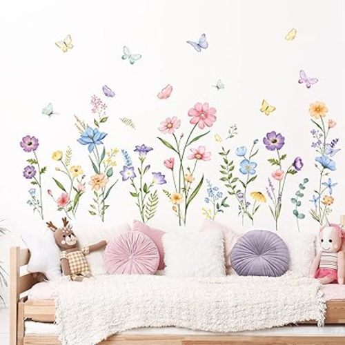 Flower Wall Decals Watercolor Wildflower Grass Butterflies Wall Stickers Peel and Stick Wall Art Decor for Girls Bedroom Living Room Home Office Wall Decor