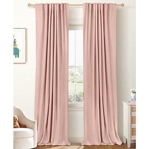 100% Blackout Shield Linen Blackout Curtains for Bedroom 84 Inches Long, Back Tab/Rod Pocket Living Room Drapes, Thermal Insulated Blackout Curtains 2 Panels Set, 50" W x 84" L, Blush Pink