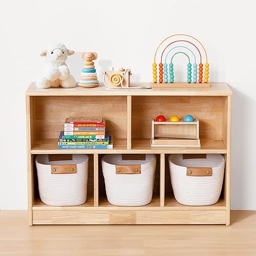 Rubber Wood 5-Compartment Montessori Shelf, 35.4" L, Toy Organizers and Storage, 2-Tier Wooden Storage Cabinet, Kids Classroom Organizer, Playroom, Daycare and Preschool Storage Shelves
