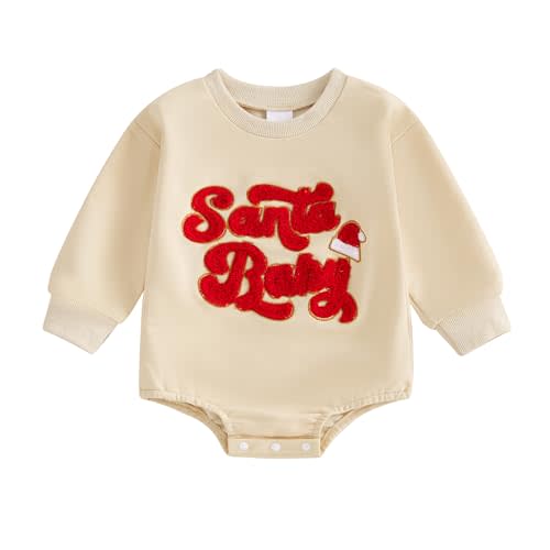Amnnchya Baby Girl Boy Christmas Outfit Santa Embroidery Long Sleeve Bubble Sweatshirt Romper Newborn Fall Winter Clothes