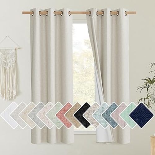NICETOWN Natural Thick Linen Blend 100% Blackout Curtains 60" Long 2 Panels Set for Bedroom, 34" Wide, Rustic Grommet Thermal Insulated Flax Textured Full Blackout Window Draperies with White Liners