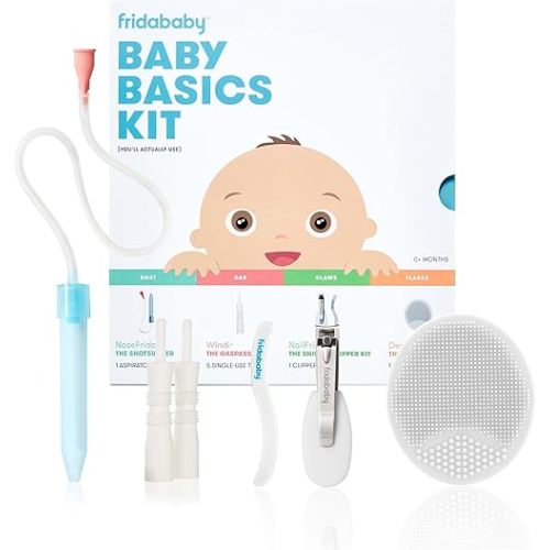 Frida Baby Basics Kit | Baby Essentials Kit Includes Nasal Aspirator Snotsucker, NailFrida Nail Files, Windi Gas Relief, DermaFrida Bath Brush + Silicone Carry Case