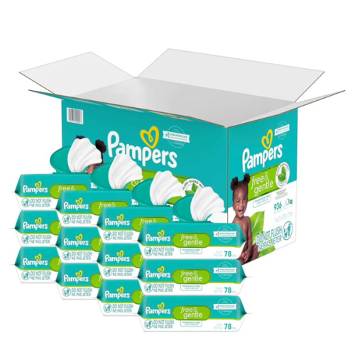 Pampers Baby Wipes, Free & Gentle, Hypoallergenic and Unscented Wipe, 100% Plant Based, Plastic-Free for Babies, 936 Total (12 Flip-Top Packs)
