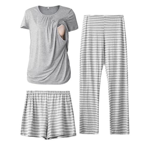 SUNNYBUY Womens Maternity Nursing Pajamas Set, Short Sleeve Breastfeeding Shirts,Pregnancy Shorts & Pants 3 Piece Nursing PJS