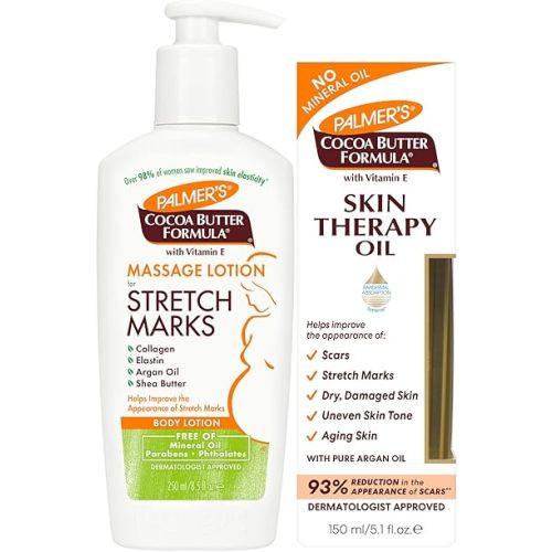 Palmer's Stretch Mark Care Body Lotion + Body Oil Bundle, Cocoa Butter Formula with Vitamin E Skin Care for Pregnant Women, Includes 1 Massage Oil (5.1 fl oz) and 1 Massage Lotion (8.5 fl oz)