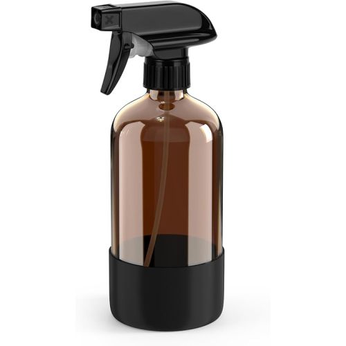 Amber Glass Spray Bottle with Silicone Sleeve Protection, 16 oz Refillable Spray Bottle for Cleaning Solutions, Plants, Aromatherapy, Facial Hydration (Black Sleeve(Amber Bottle)