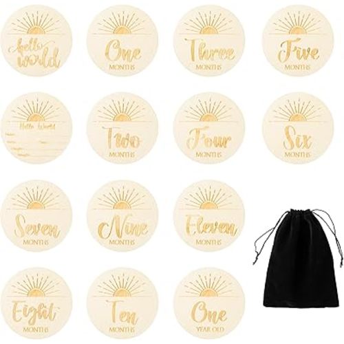 R HORSE 8Pcs Wooden Baby Monthly Milestone Cards with Birth Announcement Sign, Engraved Boho Sun Hello World Baby Months Sign, Newborn Monthly Milestone Discs Nursery Decor Gift Photo Props for Boy Girl