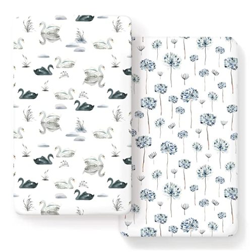 Stretch Ultra Soft Jersey Knit Fitted Crib Sheets Set 2 Pack, Fits All Standard Crib Mattress Pads Safe and Snug, Crib Fitted Sheet for Baby, Pretty Swan/Watercolor Dandelion for Baby - Navy Blue