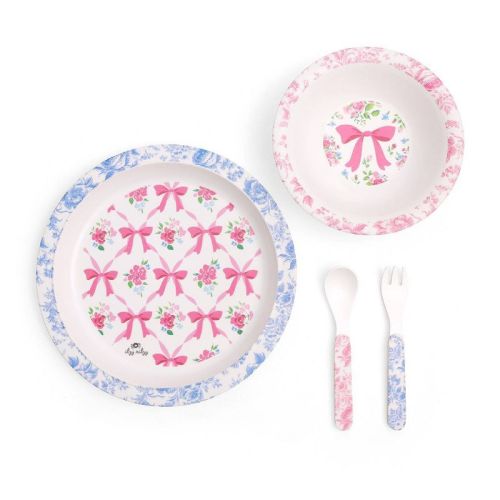 Itzy Ritzy 4pc Melamine Itzy Bistro Toddler Feeding Dining Set, Plate, Bowl, Fork and Spoon - Bows