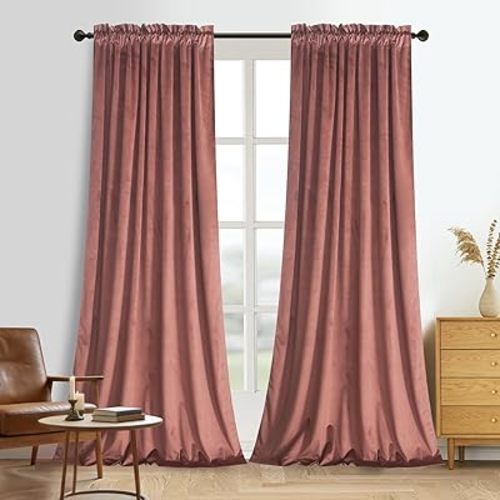 Roslynwood Brick Dust Velvet Curtain 96 inches Long - Curtains Block Light Winow Drapes with Rod Pocket Thermal Insulated for Living Room/Bedroom/Dining Room,Brick Dust, W52 x L96, 2 Panels