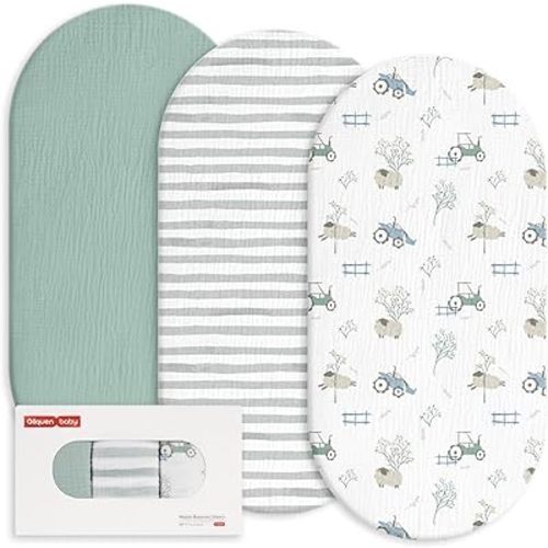 Gllquen Baby Muslin Bassinet Sheets 3 Pack, Breathable Elastic Cozy Fitted Cotton Bassinet Mattress Sheet for Baby Boy Girls, Fit for Hourglass Oval Rectangular Cradle Pad Sheets 33"x17" (Car)