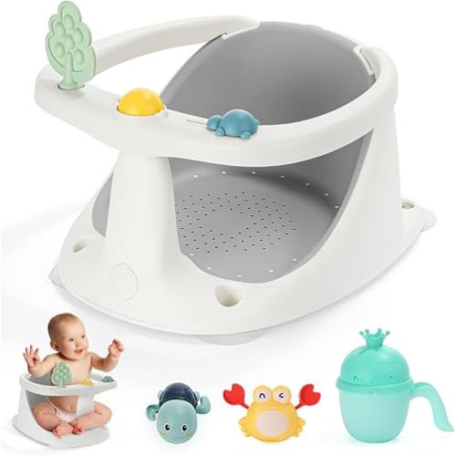 Baby Bath Seat, Bath Seats for Babies Sitting Up, Baby Bathtub Chair for Babies 6 Months & Up, Toddler Baby Bath Chair with Funny Bath Toys, Soft Cushion, Non-Slip (Grey)