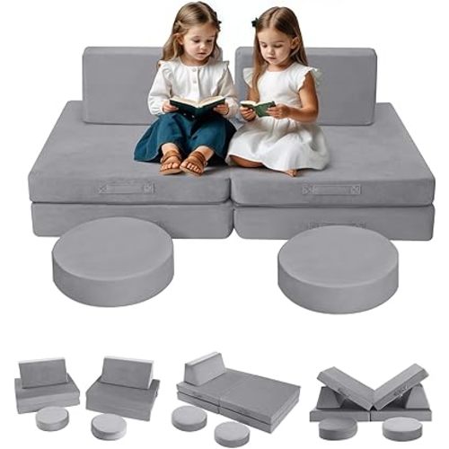 MeMoreCool Modular Kids Play Couch for Toddlers, Floor Foam Explorer Sofa with Building Fort Feature, Sectional Fold Out Block Couch for Playroom, Grey