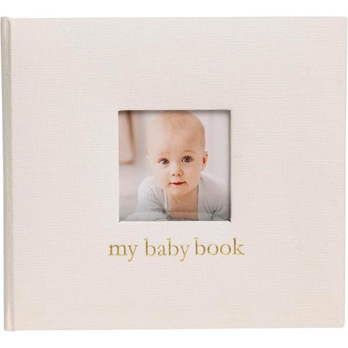 Pearhead Linen Baby Memory Book, Baby Keepsake with Guided Pages and Photo Insert for Early Childhood Milestones, Ivory