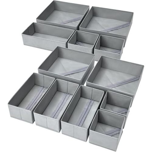 DIMJ Drawer Organizer Clothes, 12 Pack Dresser Organizer, Foldable Closet Organization and Storage Dividers, Fabric Dresser Drawer Organizers for Underwears, Nursery, Baby Clothes, Socks, Tie (Grey)