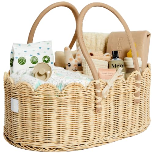 BEBE BASK Premium Baby Diaper Caddy Organizer - Scalloped Rattan Basket | Handmade & Award-Winner, Elegant Scalloped Edge, Newborn Essentials, Nursery Basket, Removable Divider, Baby Shower (Natural)
