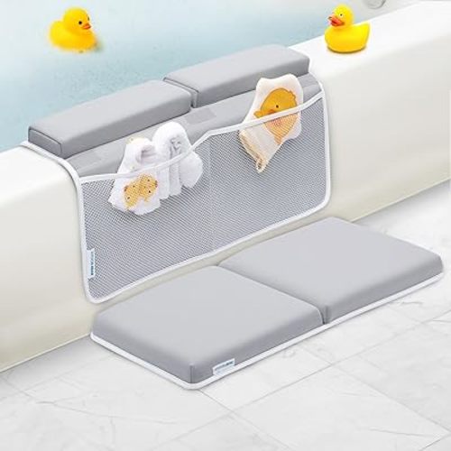 Bath Kneeler and Elbow Rest Pad, 1.75 inch Extra Thick Baby Bath Kneeling Pad and Elbow Pad for Bathtub. Bath Tub Elbow Pad with Infant Toy and Baby Accessories Organizer, Grey