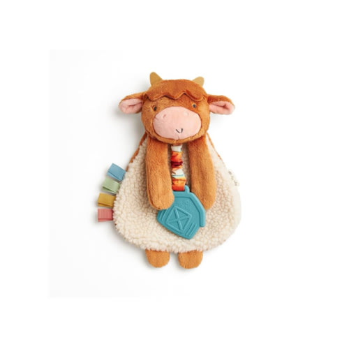 Itzy Ritzy - Itzy Lovey Including Teether - Baby Lovey with Teether, Textured Ribbons & Dangle Arms - Features Crinkle Sound, Sherpa Fabric and Minky Plush (Highland Cow)