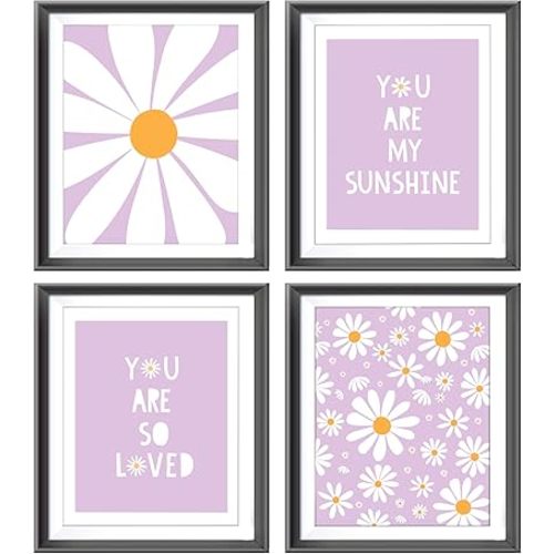 AEHIE Boho Purple Daisy Flower Decor Wall Art Print, You Are My Sunshine Poster Prints for Baby Girls Room Nursery Decor, Bohemian Wall Decor, Spring Aesthetic Floral Wall Art Print for Home, 4pcs…