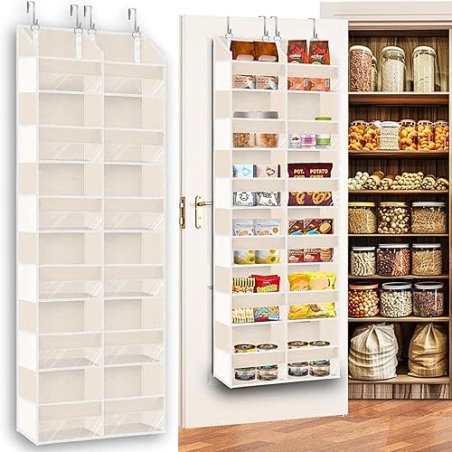 Over the Door Organizer 6 Tiers, Extra Large Behind Door Storage of 12 Compartments,80 lbs Weight Capacity Hanging Storage Organizer with Clear Window Kids Toys, Shoes, Diapers,Beige