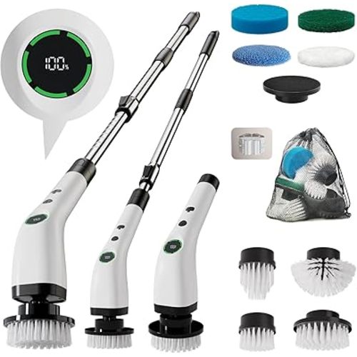 Electric Bathroom Cleaning Brush, Cordless Spin Scrubber Full Body Waterproof IPX7 with Adjustable Handle, 8 Replaceable Brush Heads for Bathtub/Kitchen/Window/Home -SD-CTB01