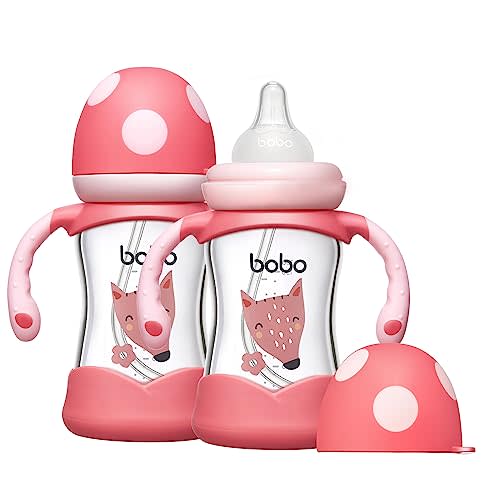 YOHKOH Natural Glass Baby Bottle with Natural Response Nipple, Wide Neck Baby Bottles with Handle, Newborn Anti-Colic Baby Bottles Gift Set, Clear (5.4oz (Pack of 2), Red)