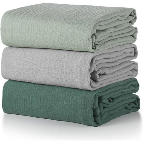 SmoothNovelty 3 Pcs 40" x 40" Muslin Swaddle Blankets Breathable Receiving Blankets Soft Cotton Unisex Baby Swaddle Blanket for Infant Newborn Toddlers Boys Girls Nursery(Green and Gray Series)