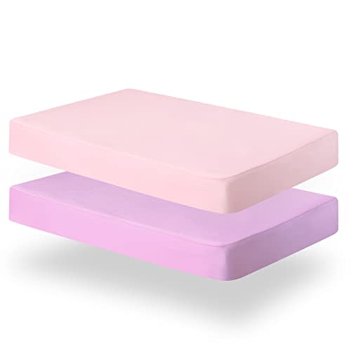 Biloban Crib Sheets Fitted, 2 Pack Crib Sheet Fits for Standard Crib Mattress, Neutral Toddler Bed Sheets for Baby Boys and Girl, Pink & Violet, 52”X 28”