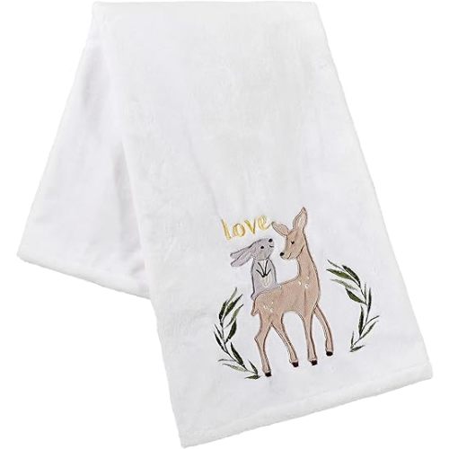 Levtex Baby - Woodland Pals Plush Blanket - Appliqued and Embroidered Bunny and Deer on Cream Plush - Taupe, Grey, Green - Nursery Accessories - Blanket Size: 30 x 40 in.