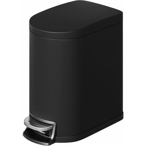 GarveeHome 1.6 Gal Step-On Trash Can, Stainless Steel Small Bathroom Garbage Bin with Soft Close Lid, Slim Space-Saving Design, Removable Inner Bucket for Bathroom, Bedroom, Office, Black