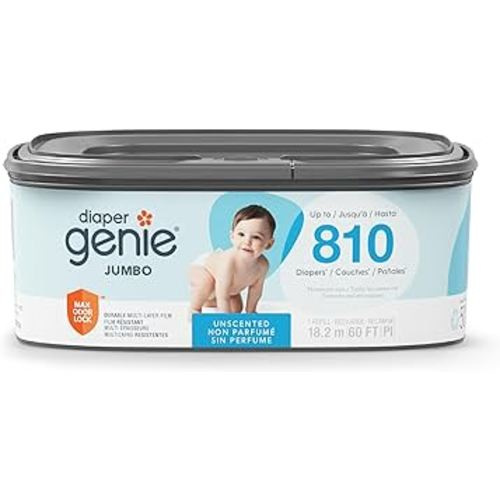 The Diaper Genie Jumbo Square Refill, with continuous film, can hold up to 810 newborn-sized diapers per refill.