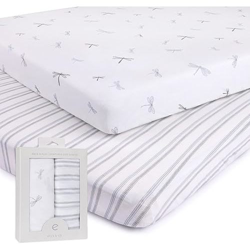 Pack n Play Sheet, Playard, Portable Crib Fitted Sheets 2 Pack - 100% Jersey Cotton for Baby Boy - Blue Dragonflies + Stripes