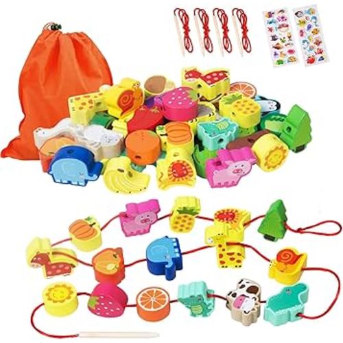 Montessori Educational Wooden Lacing Beads Toys for Toddler 3 4 5 Year Old, Farm Animals Fruits Vegetables Threading Toys Preschool Stringing Fine Motor Skills Toy for Boys Girls [with 3D Stickers]