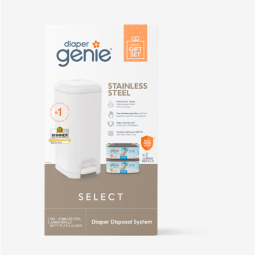 Diaper Genie Select Pail Registry Gift Set (White) | Made of Durable Stainless Steel Metal | Includes 2 Jumbo Refills | Holds 1620 Newborn Diapers