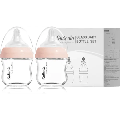 Small Glass Baby Bottle for Newborn Breastfeeding Babies, Preemie & Extra Slow Flow Nipples (SS), Anti-Colic, Breast-Like, 0 Months+, 3 oz, 2 Pack - Pink