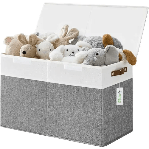 Large Toy Storage Box with Lids, Collapsible Sturdy Baby Storage Organizer Chest Bin Basket for Kids, Boys, Girls, Playroom, Nursery, Bedroom, Closet 25"x13"x16" (Gray and White)