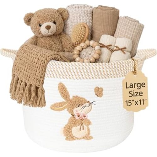 Bunny Baby Storage Basket, Woven Cotton Rope Nursery Bin, 15x11 in