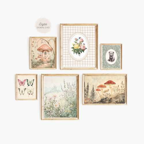 Vintage Cottagecore Nursery Gallery Prints, Fantasy nursery, mushrooms butterflies wild flowers bear Prints, 6 download, Antique artwork
