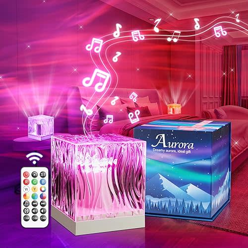 Crystal Lamp for Bedroom, 15 White Noise Machine Room Lights for Bedroom, Bluetooth Music Night Light Projector, RGB Aurora Ocean Light Projector, Remote Dimmable Crystal Table Lamp,Teen Girls Gifts