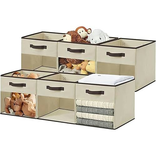 DECOMOMO Storage Bins, Cube Storage Bin with Window, Fabric Storage Cubes for Shelves (11" / 6pcs, Beige)