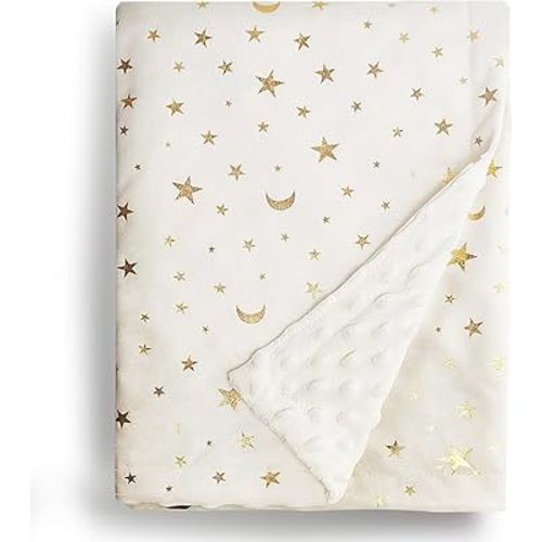 Baby Blankets for Unisex Boys Girls, Super Soft Nursery Minky Blankets with Muslin Cotton Front and Dotted Fleece Backing, Star and Moon Printed 30 x 40 Inch Receiving Blanket (Beige)