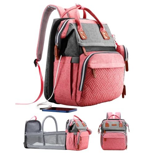 ISMGN Diaper Bag Backpack with Changing Station, Large Diaper Bag, Baby Bag, Multifunctional Diaper Bag, Pinkgray