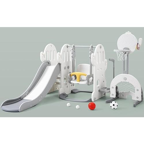 7 in 1 Toddler Slide and Swing Set, Kids Freestanding Slide Climber with Adjustable Swing and Basketball Hoop, Soccer Golf and Ring Toss Game, Indoor Outdoor Playset for Toddlers Age 1-3