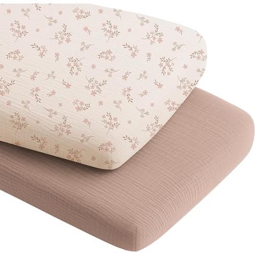 Konssy 2 Pack Muslin Bassinet Sheets for Boys, Girls, 100% Cotton Soft Breathable Fitted Bassinet Mattress Sheet, 33 x 21 inches (Soft Blooms,Taupe)